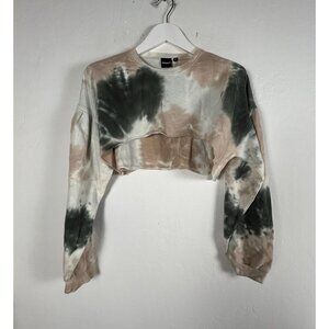 Mono B Womens Tie-Dye Cropped Pullover Bishop Sleeve Sweatshirt Medium Beige New